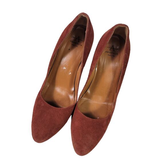 Aquatalia Neely Suede Heels Brown Leather Block Almond Semi Pointed Toe Italy 7 - Picture 13 of 14